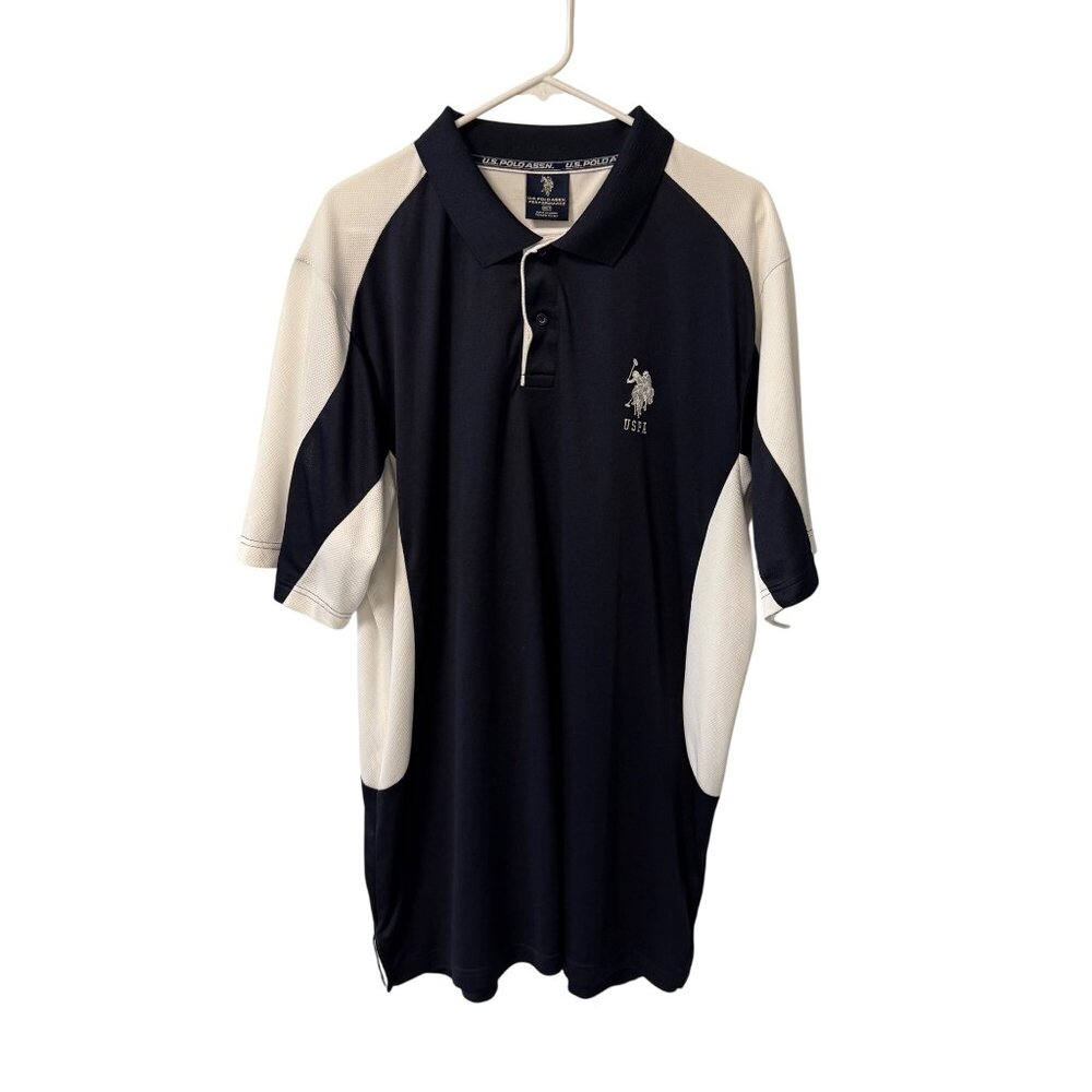 US Polo Performance Shirt Size 2XLT Colorblock Blue White Golf Pique Wicking